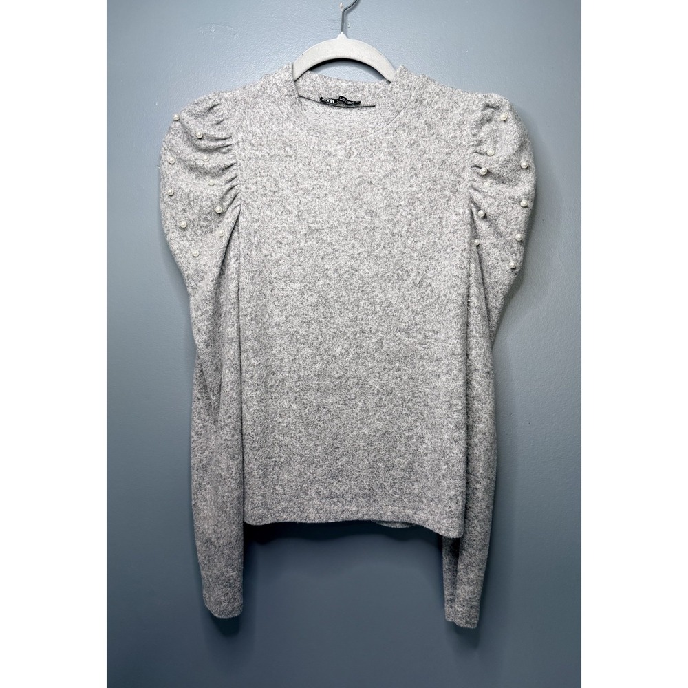 Zara Sweater Women S Gray Pearl Beaded Puff Sleeve Lightweight Soft Stretch Knit